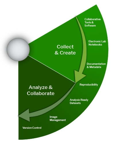The data lifecycle stage for Collect & Create includes substeps Collaborative Tools & Software, Electric Lab Notebooks, Documentation & Metadata, and Reproducibility. The data lifecycle stage for Analyze & Collaborate includes Analysis Ready Datasets, Image Management, and Version Control.