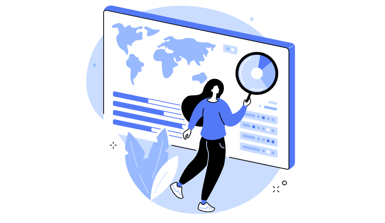 Illustration of a person holding a magnifying glass over a screen displaying a world map and data charts.