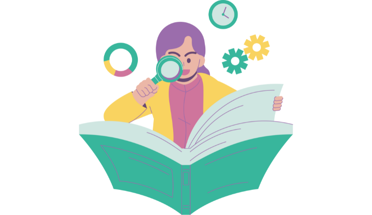 An individual holds a magnifying glass while reading a book, surrounded by icons representing time, data, and gears.