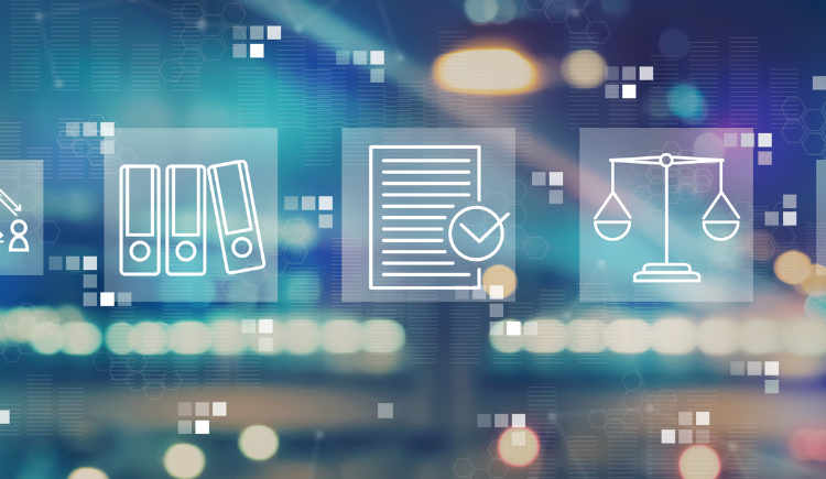 Icons representing law and order, including people interacting, binders, a document with a checkmark, and scales of justice, overlaid on a blurred city background with lights.