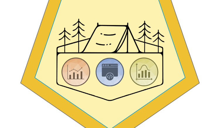 A campsite with icons for data visualization and coding.