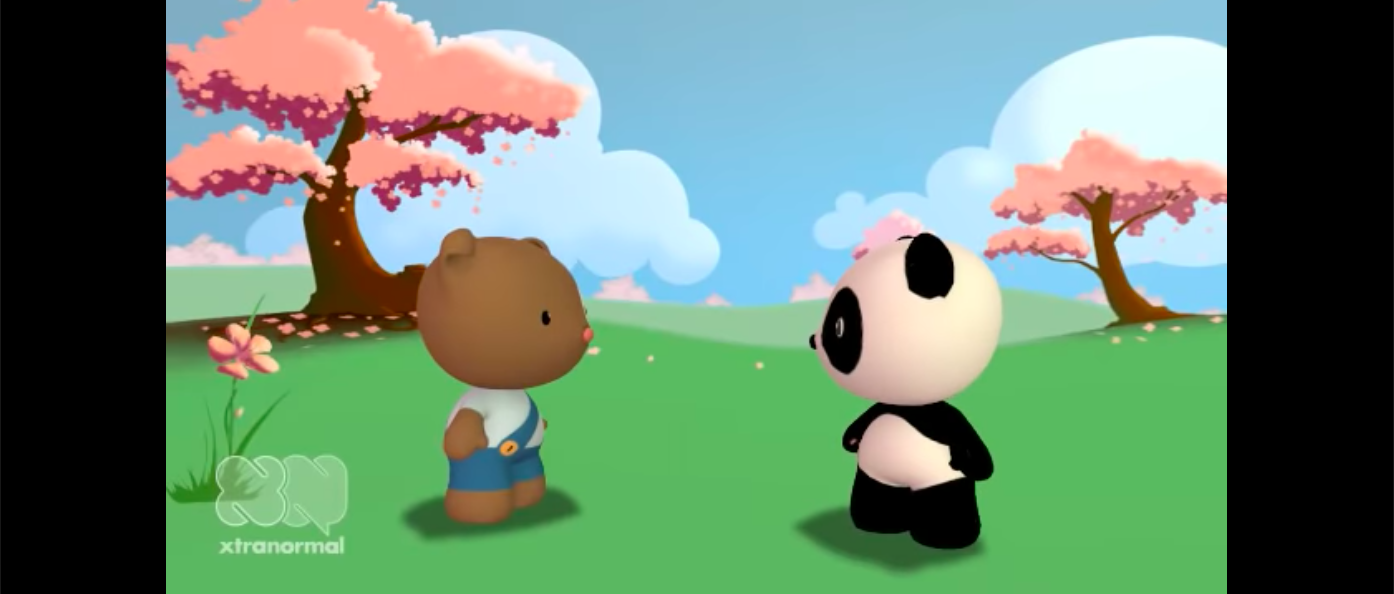 A CGI panda and bear looking at each other in a field