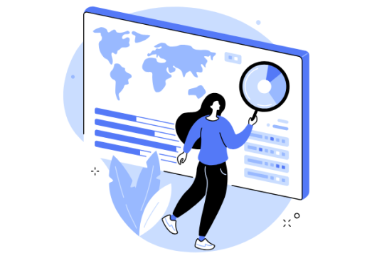 Illustration of a person holding a magnifying glass over a screen displaying a world map and data charts.
