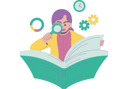 An individual holds a magnifying glass while reading a book, surrounded by icons representing time, data, and gears.