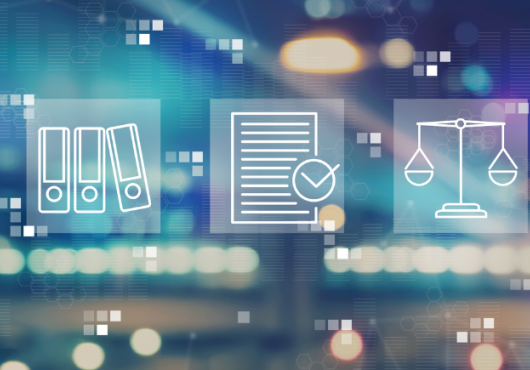 Icons representing law and order, including people interacting, binders, a document with a checkmark, and scales of justice, overlaid on a blurred city background with lights.