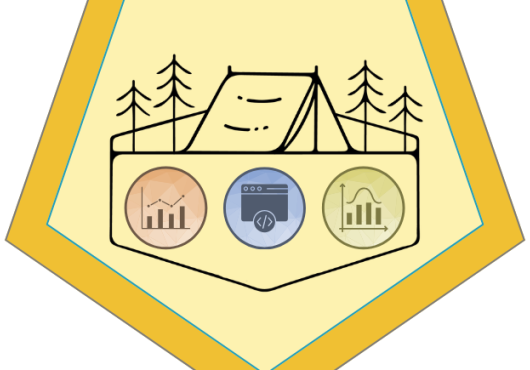 A campsite with icons for data visualization and coding.