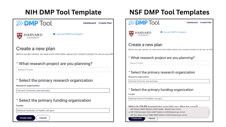 Users can select an NIH or NSF template in DMP Tool.