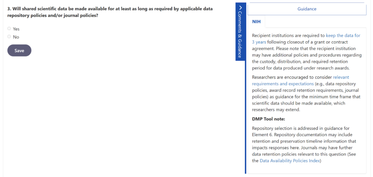 Example of NIH DMSP Element 3 in DMP Tool with the guidance sidebar on the right