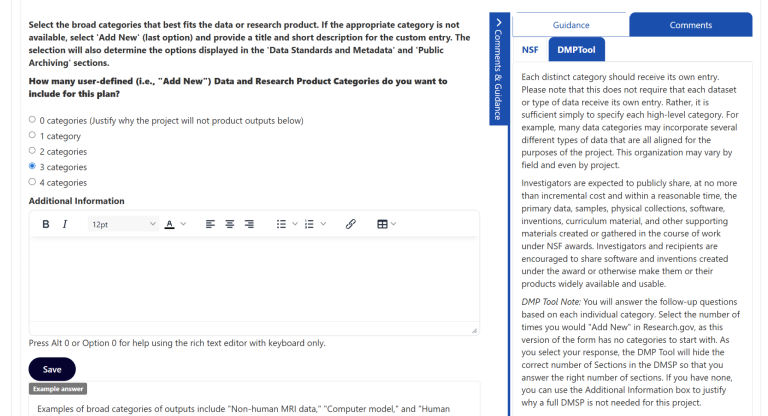 Screenshot of the start of the NSF DMP Tool template